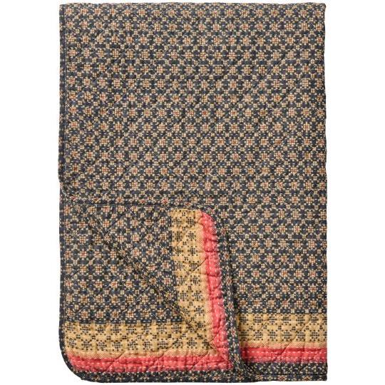 Quilt dunkelblau mit rosa und naturfarbigem Muster